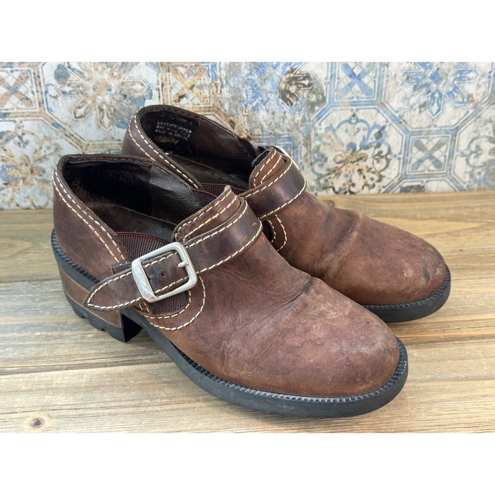 Nine West Leather Buckle Lug Sole Clogs Shoes Womens 6M Brown